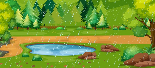 Vector rainy day scene with pond in the park