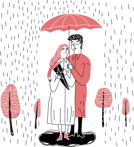 Vector rainy days couple under the umbrella