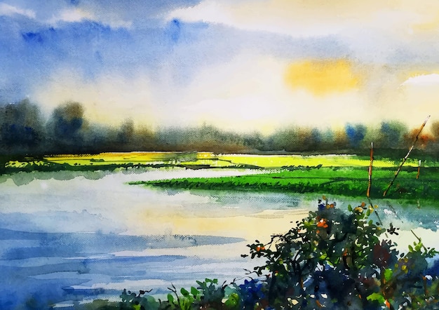 Rainy season countryside field watercolor art