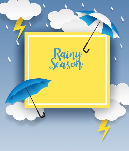 Vector rainy season. design with raining drops, umbrella and clouds on blue background. vector.