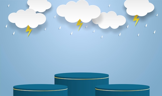 Vettore podio di visualizzazione del prodotto a tema stagione piovosa design con nuvole e gocce di pioggia su sfondo blu cielo carta stile arte vettoriale