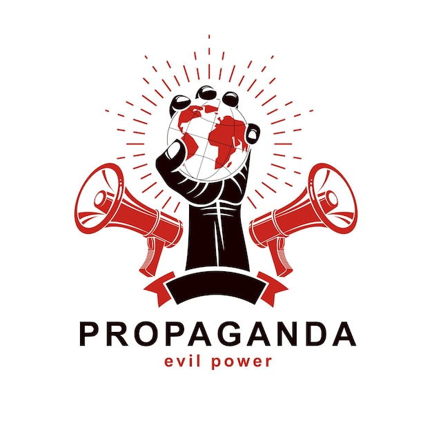 Raised arm holds earth globe, vector logo composed using loudspeakers. propaganda as the method of global ideology imposing, dissemination of information.