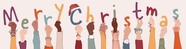 Raised arms of diversity people holding letters forming the text merry christmas