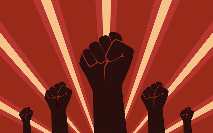 Vector raised fist hand protest in flat icon design on red color ray background