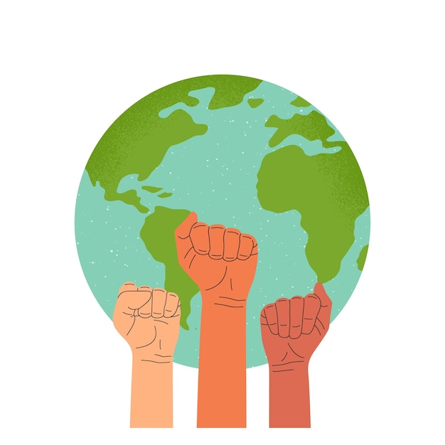 Vector raised fists in the air as a sign of the struggle for the environment world earth day