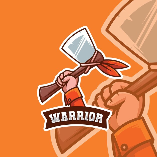 Raised hand holding war axe sport mascot badge emblem logo