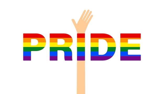 Vettore mano alzata e parola pride con bandiera arcobaleno gay pride su sfondo bianco concetto di orgoglio gay lgbt illustrazione vettoriale