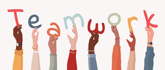 Vector raised hands of diverse multicultural business people holding a letters forming the text teamwork