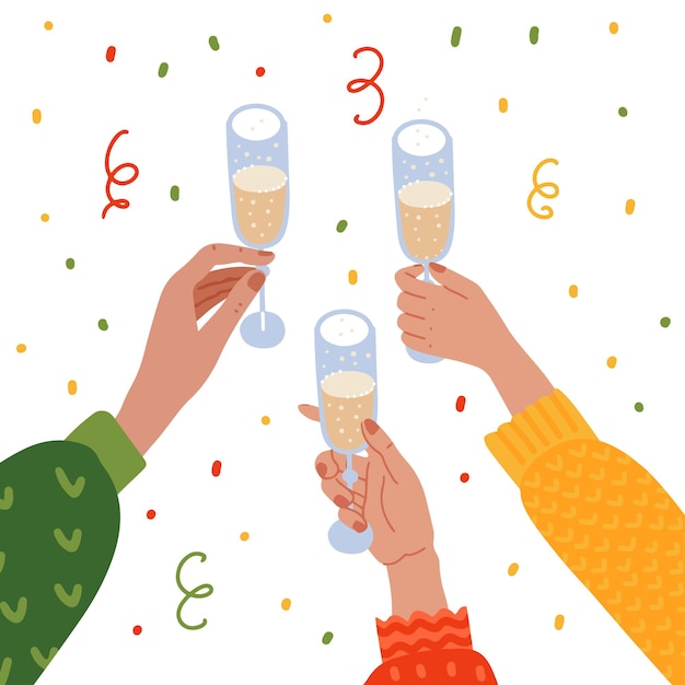 Vector raised hands holding champagne glasses new year celebrating with confetti party invitation backgroun...