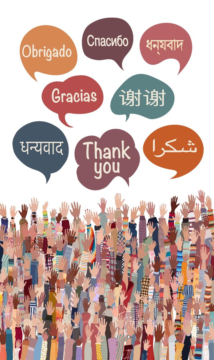 वेक्टर raised hands of people from different nations with speech bubbles with text thank you in languages
