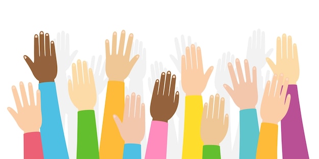 Raised hands volunteering background Colorful hand up wave banner People rights election Vector