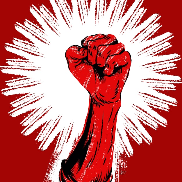 Vector raised protest human fist. retro revolution grunge poster