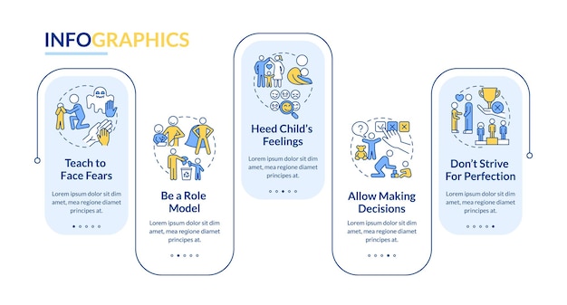 Alzando il bambino suggerimenti modello di infografica vettoriale. elementi di progettazione del profilo di presentazione della salute mentale del bambino. visualizzazione dei dati con 5 passaggi. grafico delle informazioni sulla sequenza temporale del processo. layout del flusso di lavoro con icone di linea