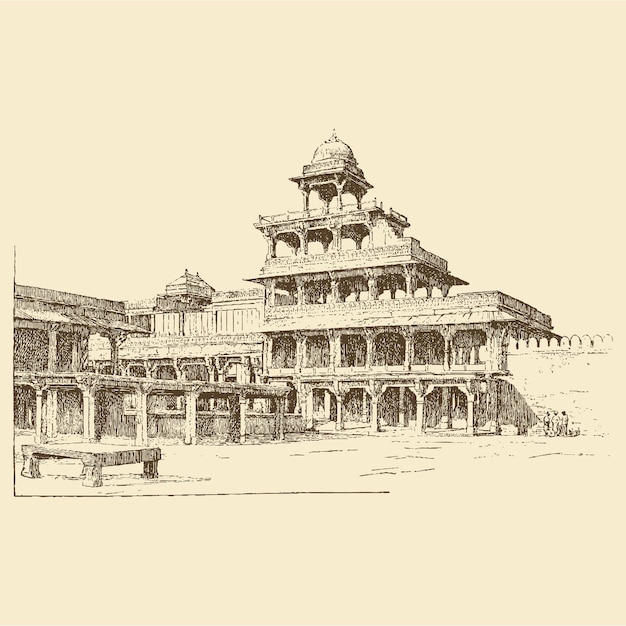 Vector rajasthani ancient monument traditional architecture hand drawn building antique temple landscape