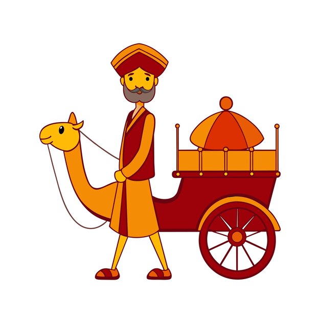 Uomo del rajasthan che cavalca un carro di cammelli