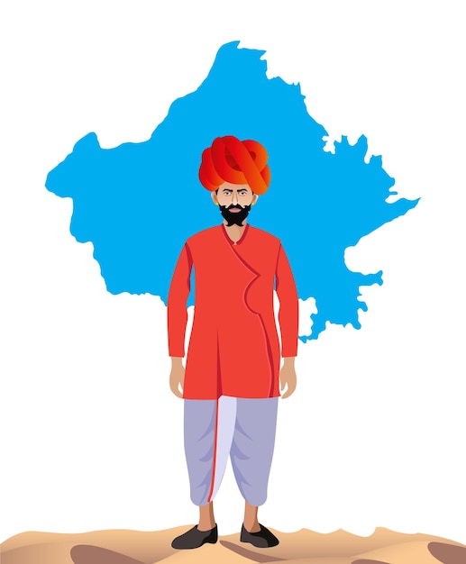 Vector rajasthani man standing in desert and rajasthan map