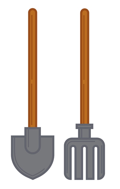 Rake and shovel, trowel and fork, isolated instruments and tools for gardening and care for garden. Agriculture or horticulture, weeders or spade made of metal and wood. Vector in flat style