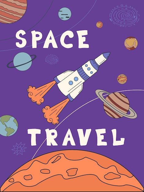 Raket en planeten in de ruimte en de inscriptie SPACE TRAVEL Platte vectorillustratie doodle