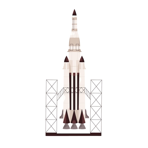 Raket klaar om te lanceren, staande op het station. Raketschip voor het opstijgen. Gekleurde platte vectorillustratie van space shuttle geïsoleerd op een witte achtergrond.