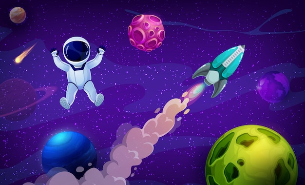 Raket ruimteschip planeten en cartoon astronaut