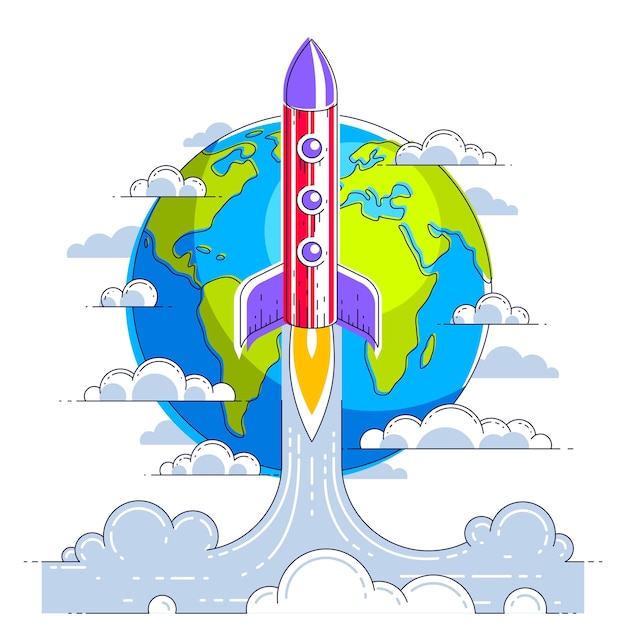 Raket start van de aarde naar de ruimte om onontdekte sterrenstelsels te ontdekken. Verken het universum, interessante ruimtewetenschap. Dunne lijn 3d vectorillustratie geïsoleerd op wit.