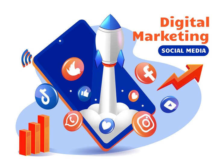 Raket stimuleert digitale marketing sociale media met smartphone