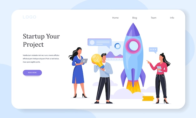 Raketlancering als metafoor voor opstarten. Bedrijfs ontwikkelingsconcept. Ondernemerschap concept. Mensen behalen succes. illustratie voor webbanner
