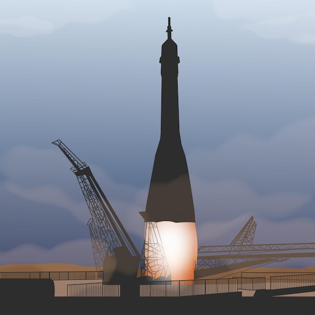 Vector raketlancering ruimteschip met rookspoor en vuurstoot