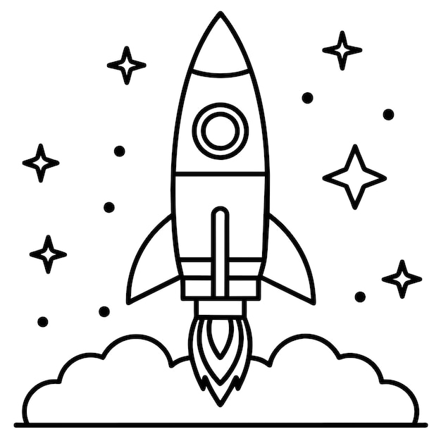 Raketschip met ruimte en sterren en wolken contour vector illustratie