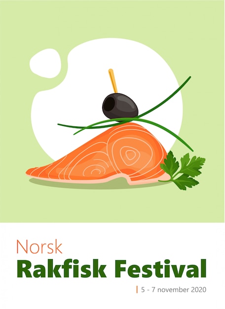 Rakfisk festival kleurrijke verticale vector sjabloon voor spandoek met smakelijke zalm, peterselie, prei en olijf canapé.