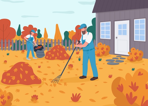 Raking leaves flat color illustration