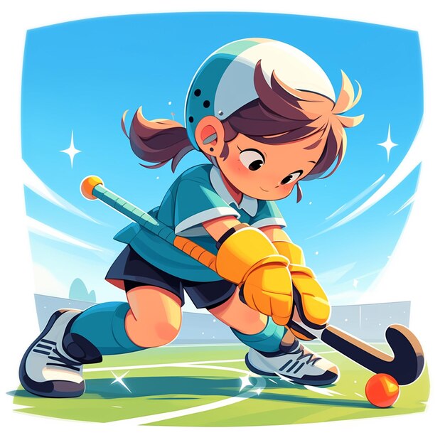 A Raleigh girl plays field hockey in cartoon style