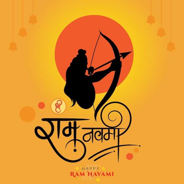 Ram navami hindi calligraphy with outline illustration and yellow background