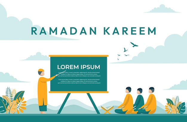 Ramadaan mubarak con tre studenti con illustrazione vettoriale insegnante per sito web banner