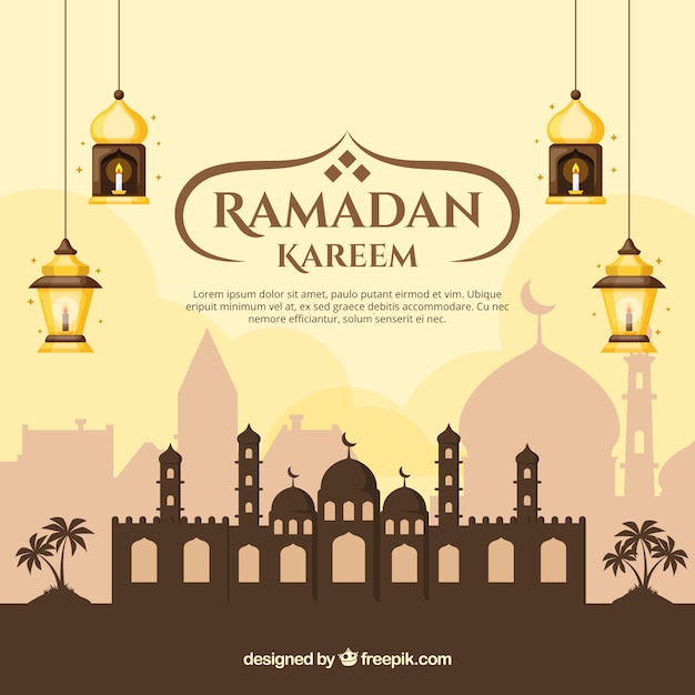Ramadan achtergrond met moskee en lampen in vlakke stijl