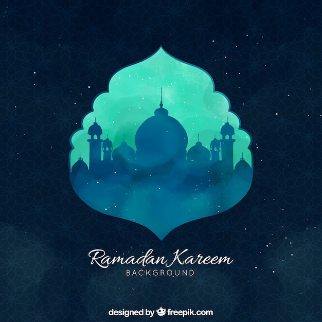 Ramadan achtergrond met moskee in hand getrokken stijl
