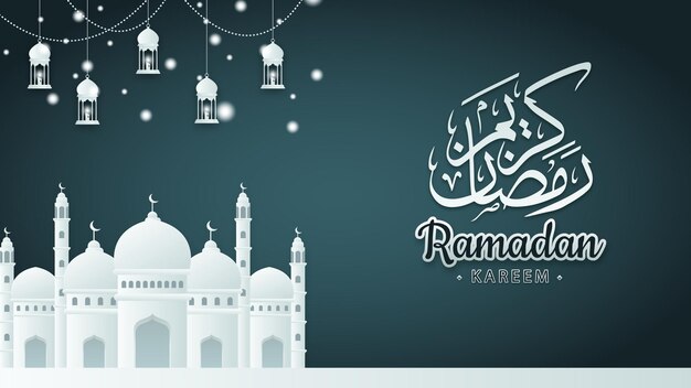 Ramadan achtergrond met witte moskee en lantaarn