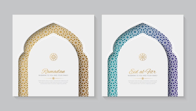 Вектор Белые декоративные поздравительные открытки на рамадан и ид с исламским рисунком и декоративной аркой
