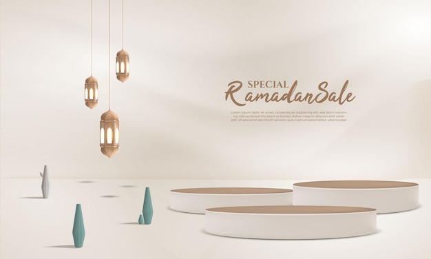 ramadan background 3d render, composition with islamic drum, blank podium, lantern for greeting