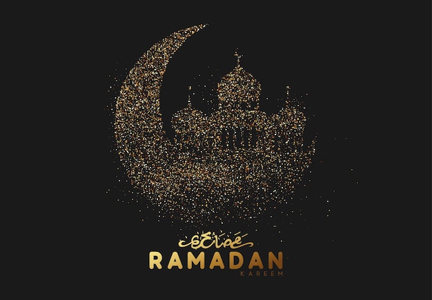 Sfondo del ramadan. il design è sabbia con cigolio dorato della silhouette mezzo mese e moschea. motivo nero con paillettes luminose sciolte in oro, testo calligrafico arabo di ramadan kareem