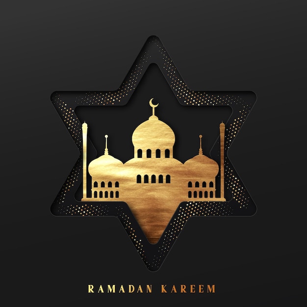 Рамадан фон. эффект вырезанной из бумаги пятиконечной звезды с мечетями с текстом рамадана карима. креативный дизайн поздравительной открытки, баннера, плаката. традиционный исламский священный праздник