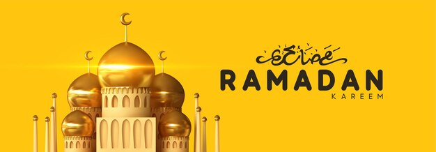 Ramadan background. Mosque building realistic 3d design. Design greeting card, banner, poster. Traditional Islamic holy holiday. Vector illustration