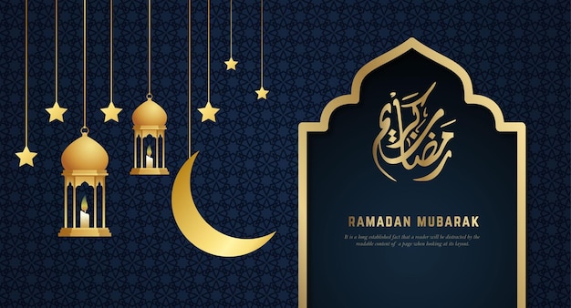 Ramadan background with a lantern moon star in the sky and golden Arabic pattern