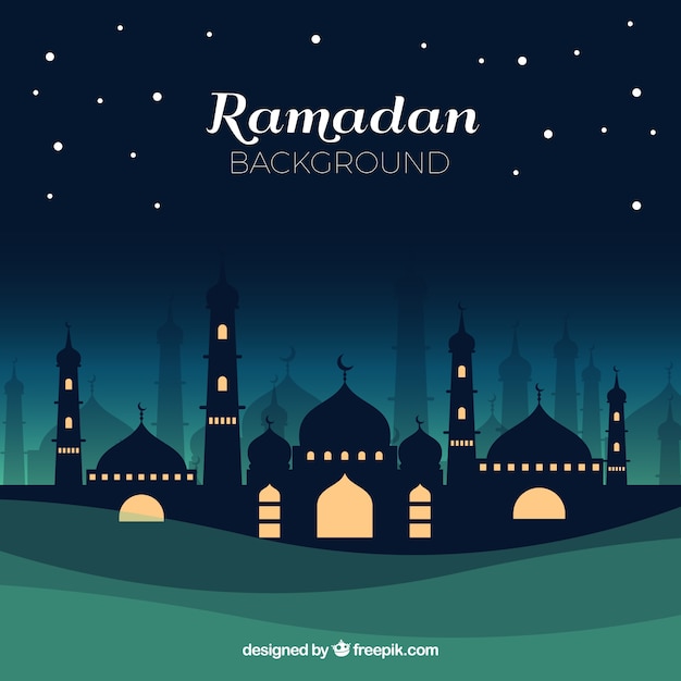 Vector ramadan background with mosque at night in flat style