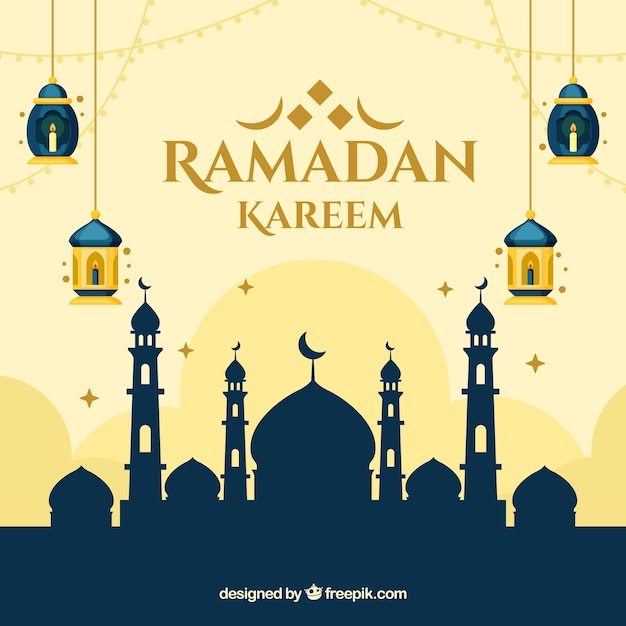 Ramadan background with mosque silhouette in flat style