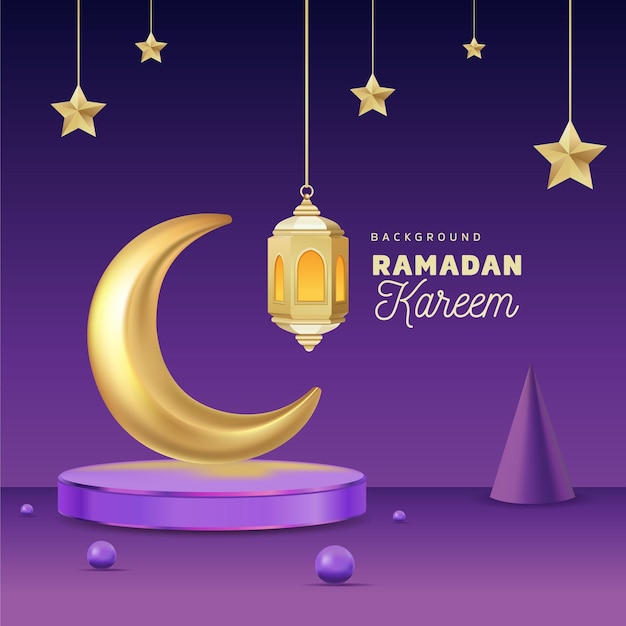 Ramadan banner background design luna a mezzaluna d'oro con lanterna d'oro su un palco del podio