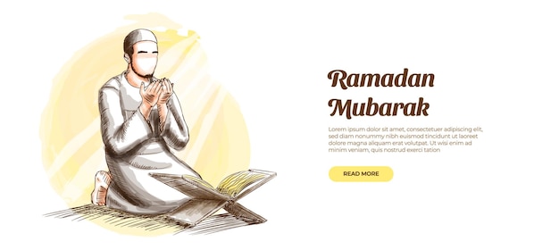 Vettore modello di banner di ramadan con ragazzo e ragazza in sorriso bianco davanti all'illustrazione della moschea e della lanterna