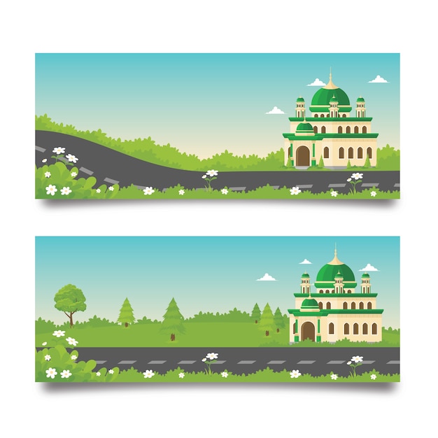 Ramadan banner with mosque and natural landscape