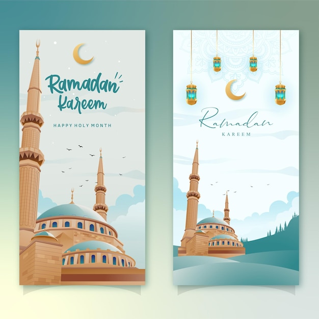 Вектор Баннеры рамадана с мечетью и фонарем в плоском стиле