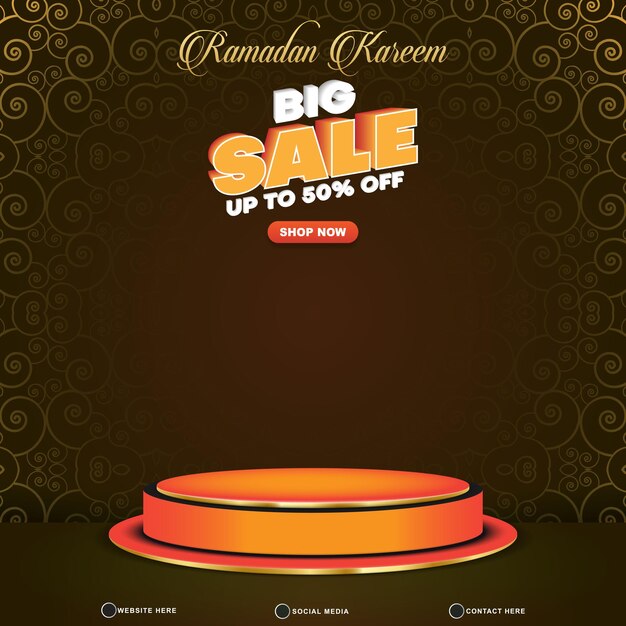 ramadan big sale discount sjabloon banner met copy space 3d podium voor productverkoop met gradiënt bruin en gouden achtergrondontwerp.